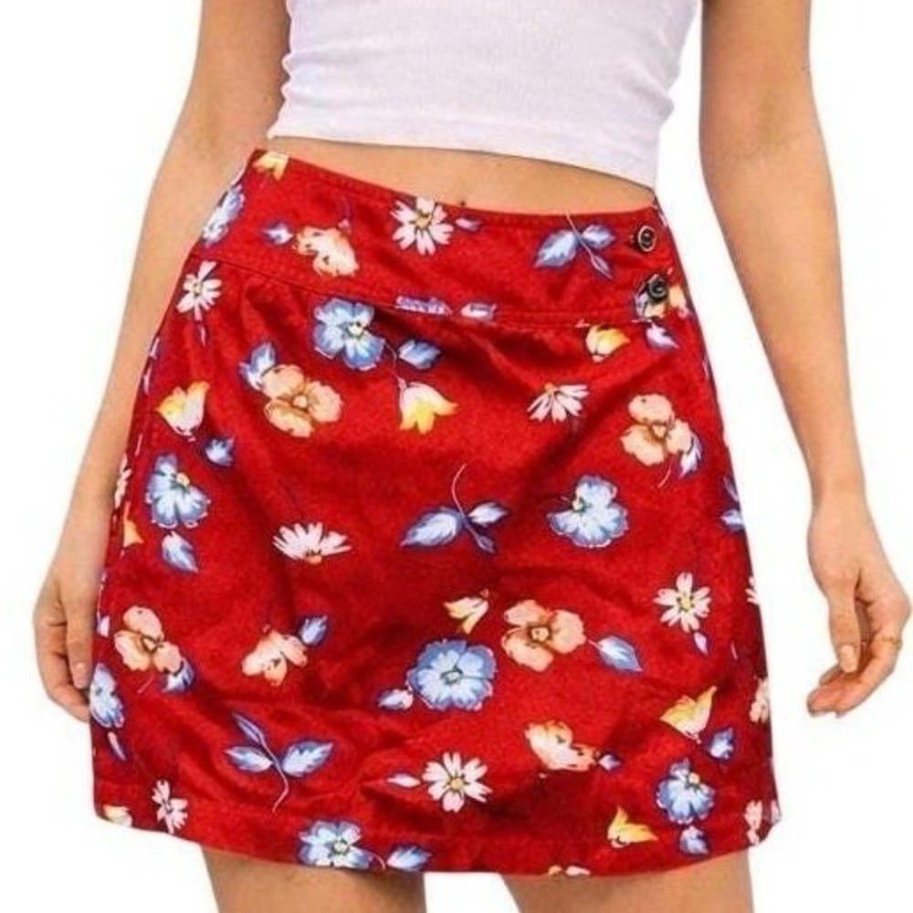 Lizwear Petite‎ Red Floral Cotton Skort Size 8P Vintage 90s Style Wrap Front